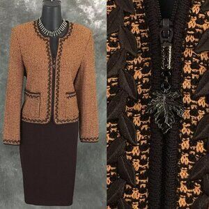 BEAUTIFUL st john collection knit brown multi jacket skirt suit size 4